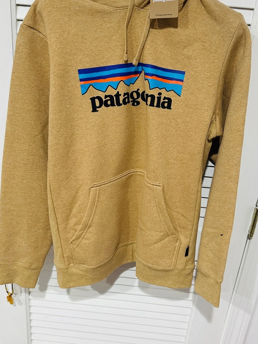 Patagonia Tan Pullover Hoodie with Multicolor Logo